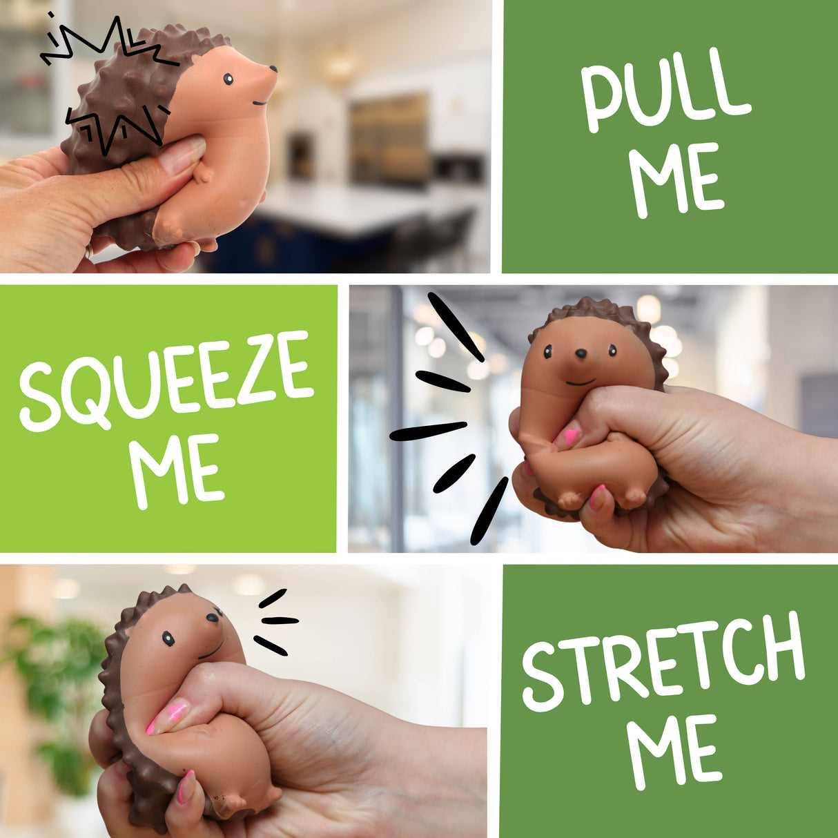 Collage showing the Stress Hog hedgehog squishy being pulled, squeezed, and stretched