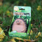 Kawaii hedgehog squishy stress toy in its green Stress Hog gift box resting on grass with autumn leaves