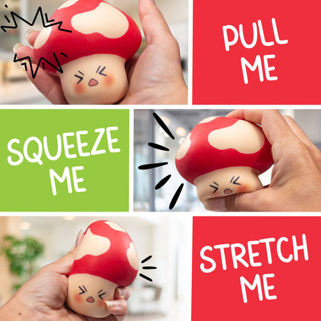 Collage showing the Stress Shroom mushroom squishy being pulled, squeezed, and stretched