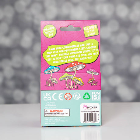 Back of the Stress Shroom gift box showing mushroom illustrations and product details