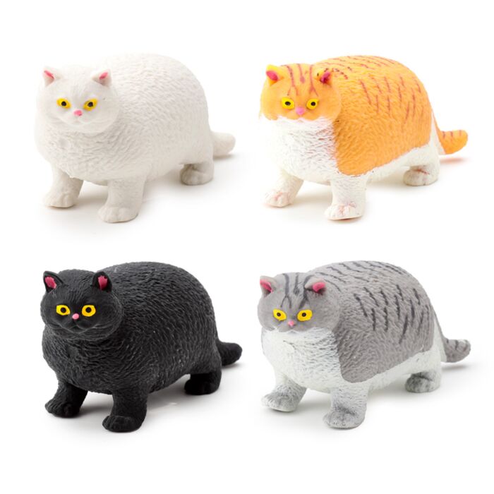 Four chonky stretch fat cat stress toys in white, ginger tabby, black, and grey tabby colourways