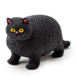Black stretch fat cat stress toy with yellow eyes and pink ears on a white background
