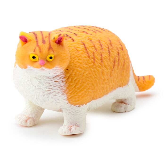 Ginger tabby stretch fat cat stress toy with orange striped markings and yellow eyes