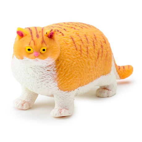 Ginger tabby stretch fat cat stress toy with orange striped markings and yellow eyes