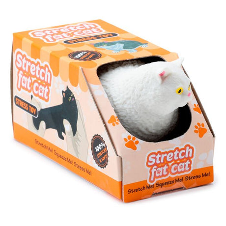 White stretch fat cat stress toy sitting in its orange Stretch Fat Cat branded retail packaging