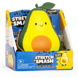 Kawaii avocado Stretch N Smash fidget toy shown in its retail box packaging by Keycraft