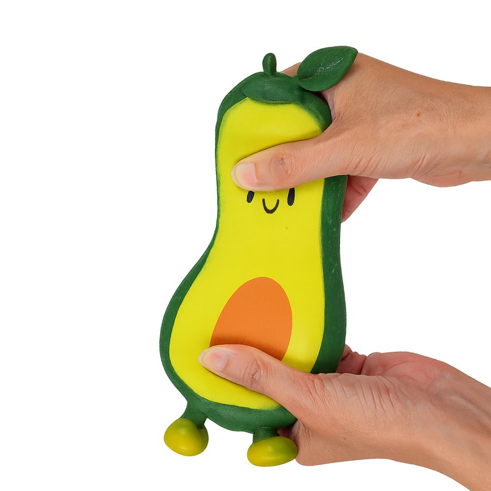 Two hands stretching the Stretch N Smash avocado fidget toy vertically to show its super-stretchy material