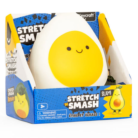 Kawaii egg Stretch N Smash fidget toy shown in its retail box packaging by Keycraft