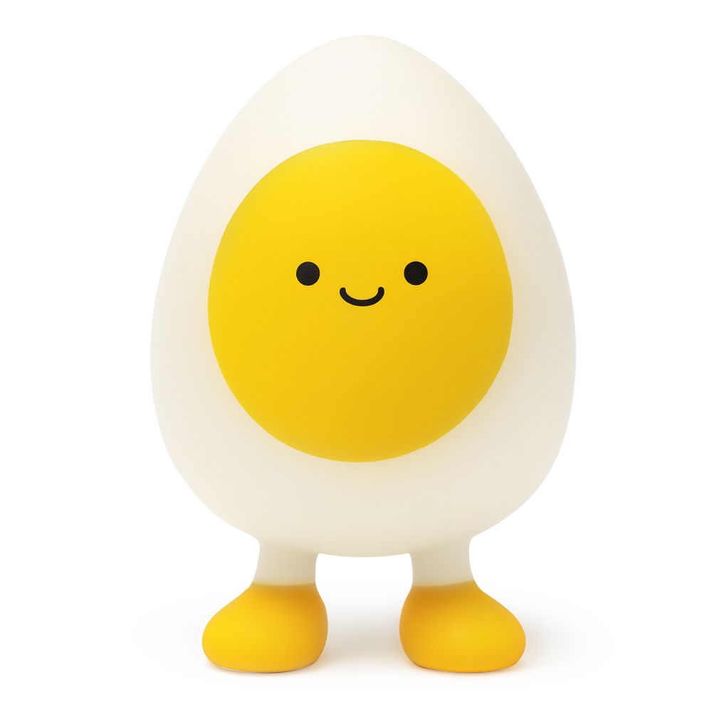 Kawaii egg Stretch N Smash fidget toy standing upright showing smiling face, white body and yellow yolk detail
