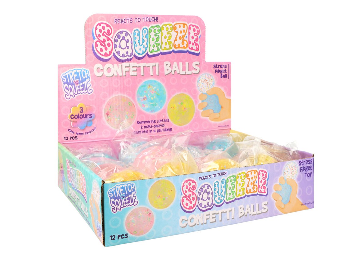 Stretch N Squeeze Confetti Balls display box — pink, blue, yellow assorted stress fidget toys