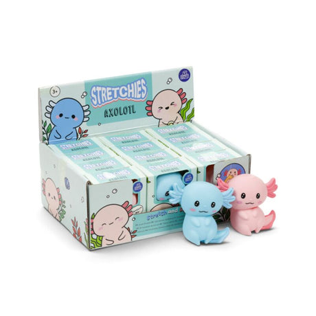 Stretchies Axolotl retail display box with blue and pink axolotl squeeze toys standing in front