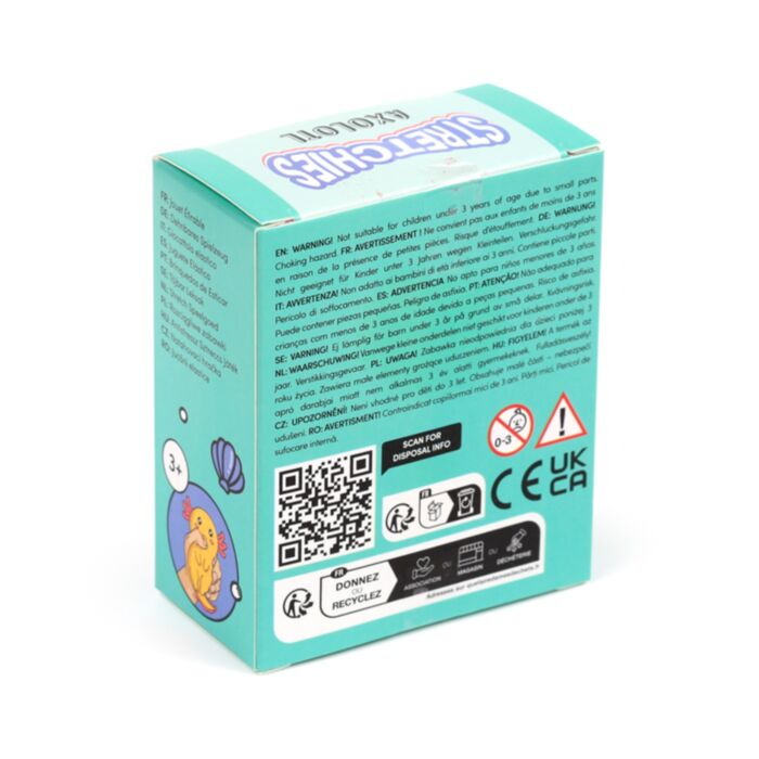 Teal Stretchies Axolotl squishy toy box back panel showing safety warnings and age information