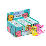 Stretchies Axolotl glitter squishy toy display box carton with pink and yellow samples