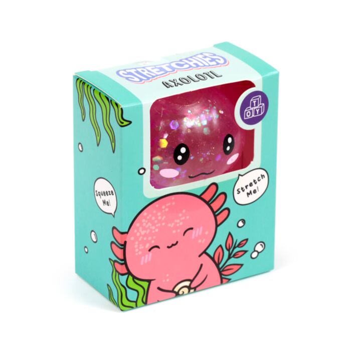Stretchies Axolotl glitter squishy toy box packaging with sparkly pink axolotl visible in window