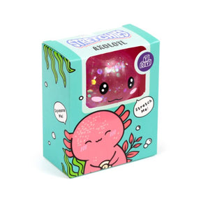 Stretchies Axolotl glitter squishy toy box packaging with sparkly pink axolotl visible in window