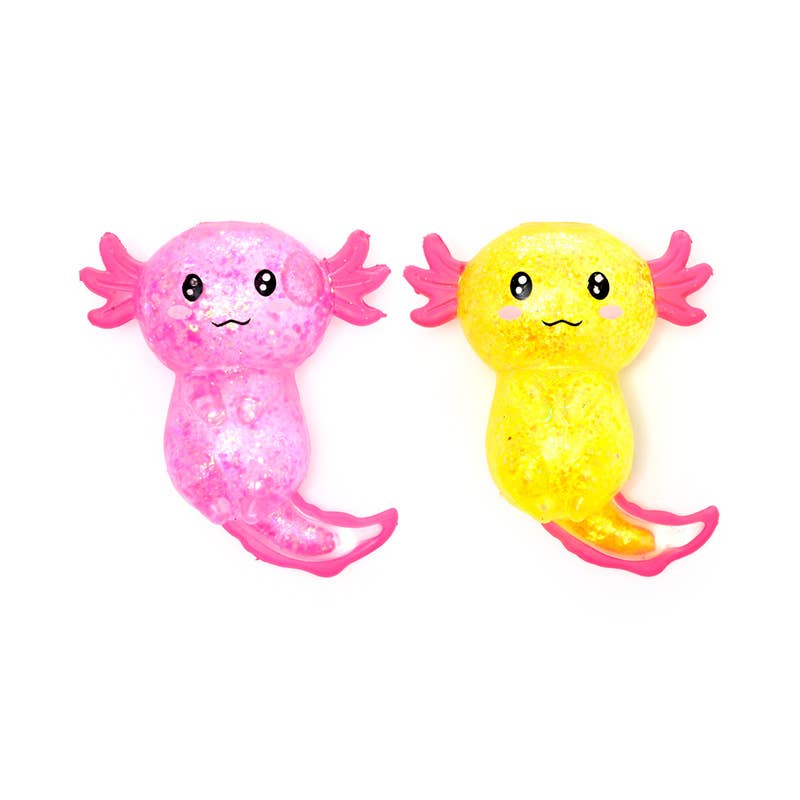 Pink and yellow glitter axolotl squishy fidget toys shown together side by side