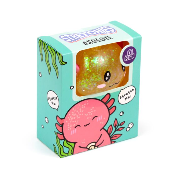 Stretchies Axolotl glitter squishy toy box packaging with sparkly gold axolotl visible in window