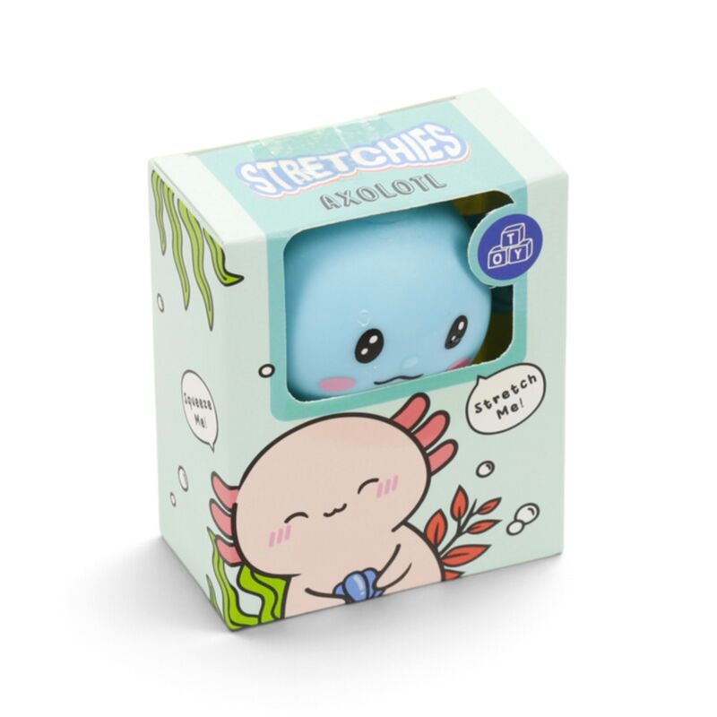 Stretchies Axolotl packaging box with a blue axolotl squeeze toy visible through the window