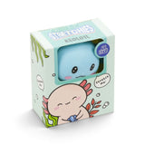 Stretchies Axolotl packaging box with a blue axolotl squeeze toy visible through the window