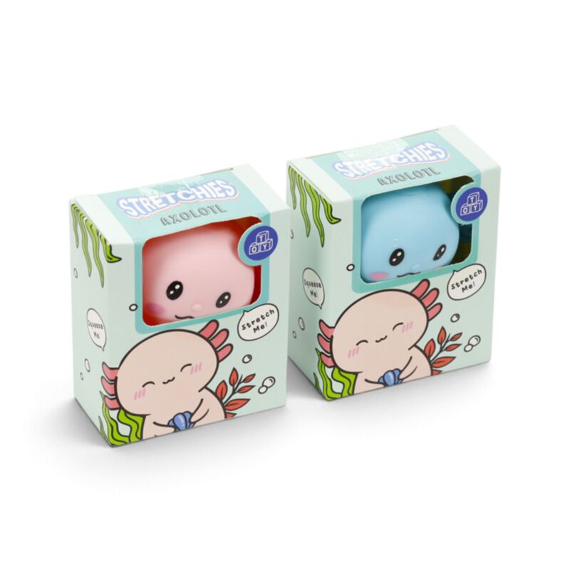 Two Stretchies Axolotl packaging boxes side by side showing one blue and one pink axolotl toy through the windows