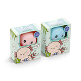 Two Stretchies Axolotl packaging boxes side by side showing one blue and one pink axolotl toy through the windows