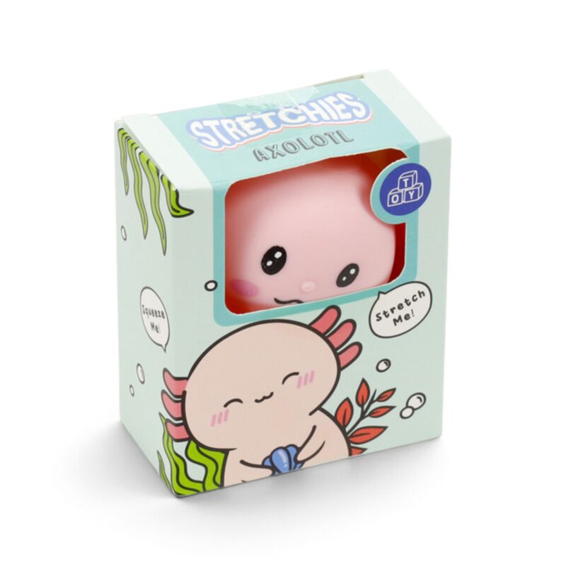 Stretchies Axolotl packaging box with a pink axolotl squeeze toy visible through the window
