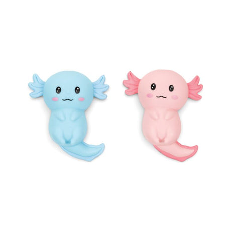 Blue and pink Stretchies Axolotl squeeze toys shown side by side on a white background