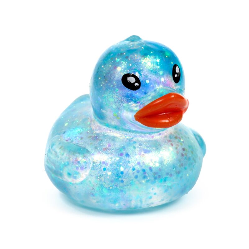 Blue glitter Stretchies Duck squishy fidget toy shown from the front