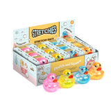 Stretchies Duck squishy toy display box with four colourful glitter ducks in front