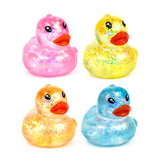 Four glitter Stretchies Duck squishy toys in pink, yellow, orange and blue colourways