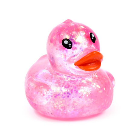 Pink glitter Stretchies Duck squishy fidget toy shown from the front