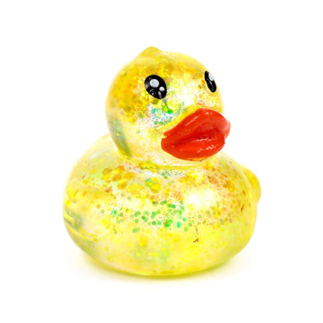 Yellow glitter Stretchies Duck squishy fidget toy shown from the front