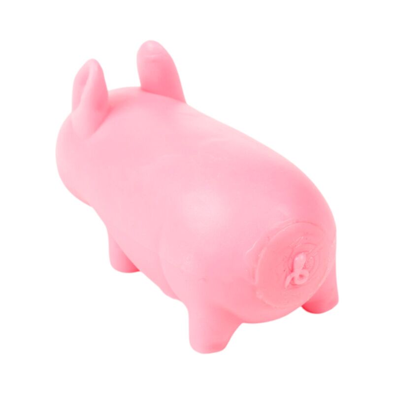 Pink Stretchies Pig squishy toy shown at an angle highlighting its rounded sand-filled body