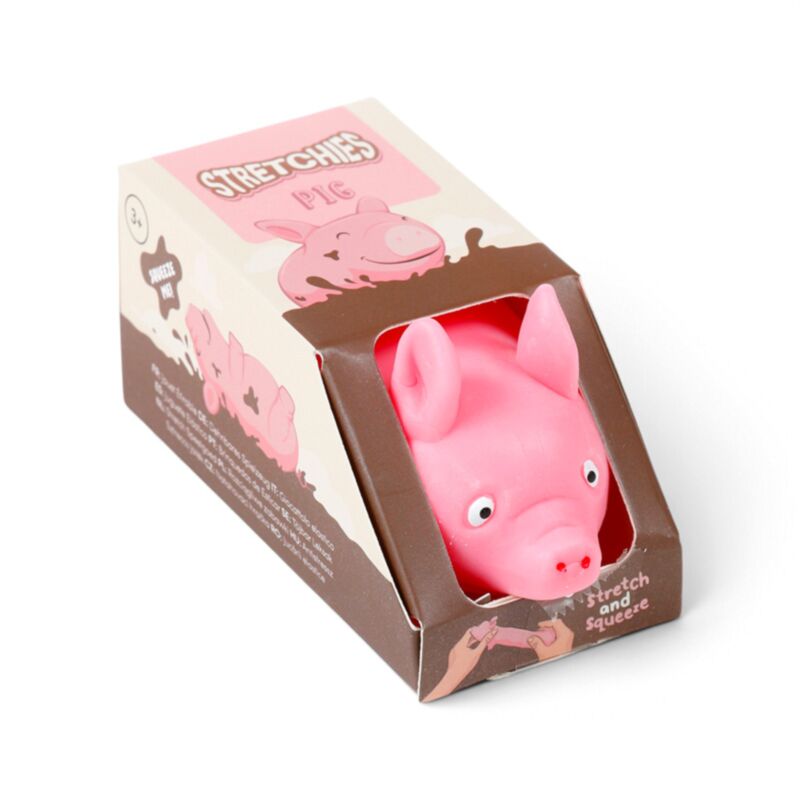 Stretchies Pig squishy toy box front with pink pig visible through the display window