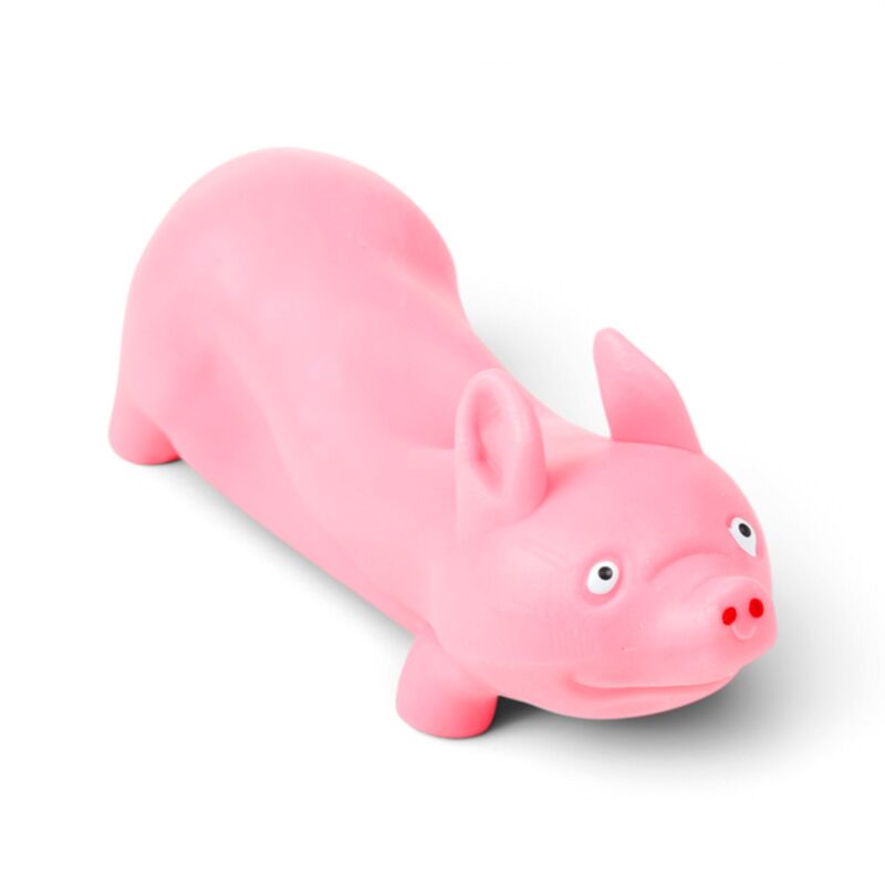 Close-up angled view of a pink Stretchies Pig squishy toy's face and ears