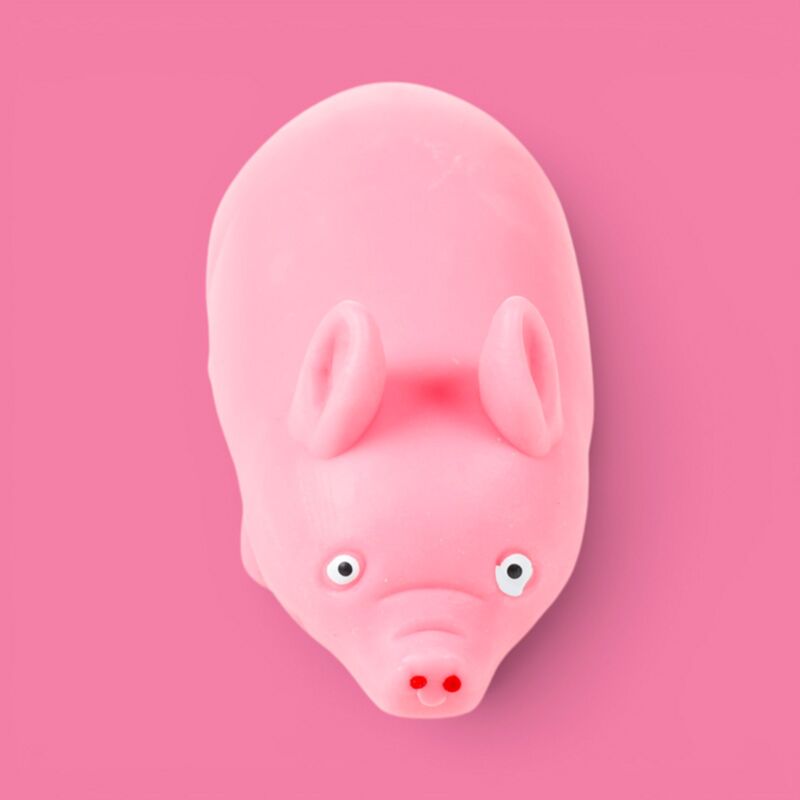 Pink Stretchies Pig sand-filled squishy toy photographed from above on a pink background