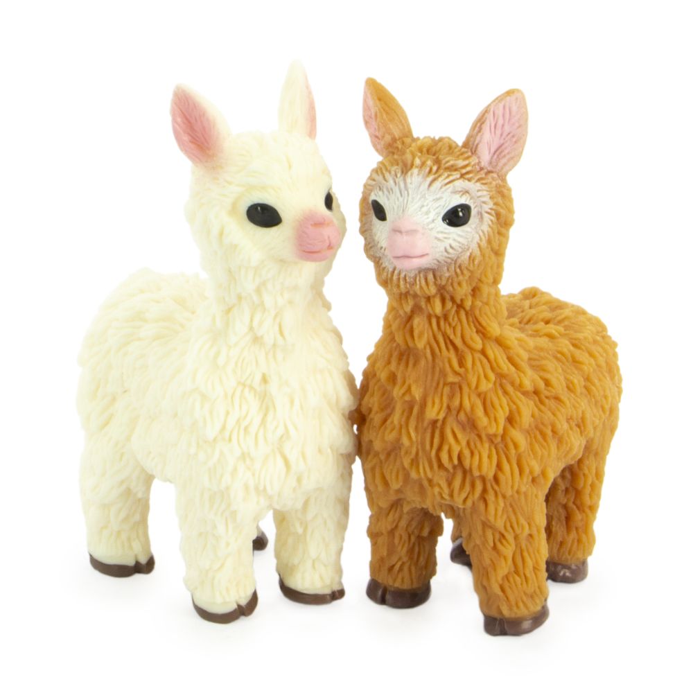 Cute stretchy bean-filled llama toys in white and brown shown together front view, realistic fluffy texture detail on white background