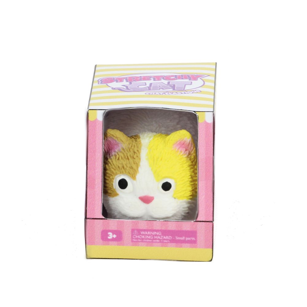 Stretchy Cat calico squishy sensory toy in pink packaging