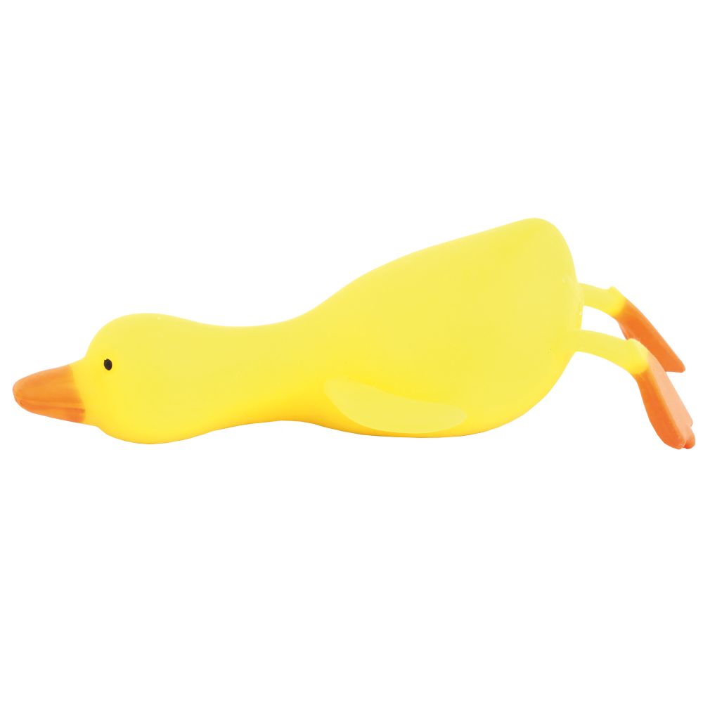 Yellow stretchy duck toy fully stretched out flat showing its elongated floppy neck and orange feet