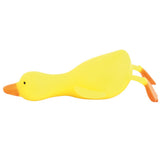 Yellow stretchy duck toy fully stretched out flat showing its elongated floppy neck and orange feet