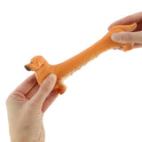 Two hands stretching a golden retriever stress toy to show its full elastic range