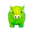 Front view of green and yellow tie-dye stretchy sand highland cow stress toy showing face and horn detail