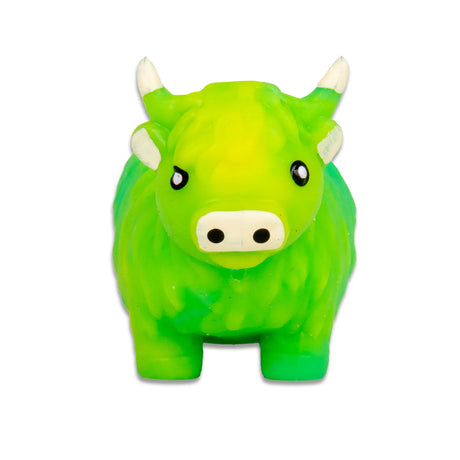 Front view of green and yellow tie-dye stretchy sand highland cow stress toy showing face and horn detail