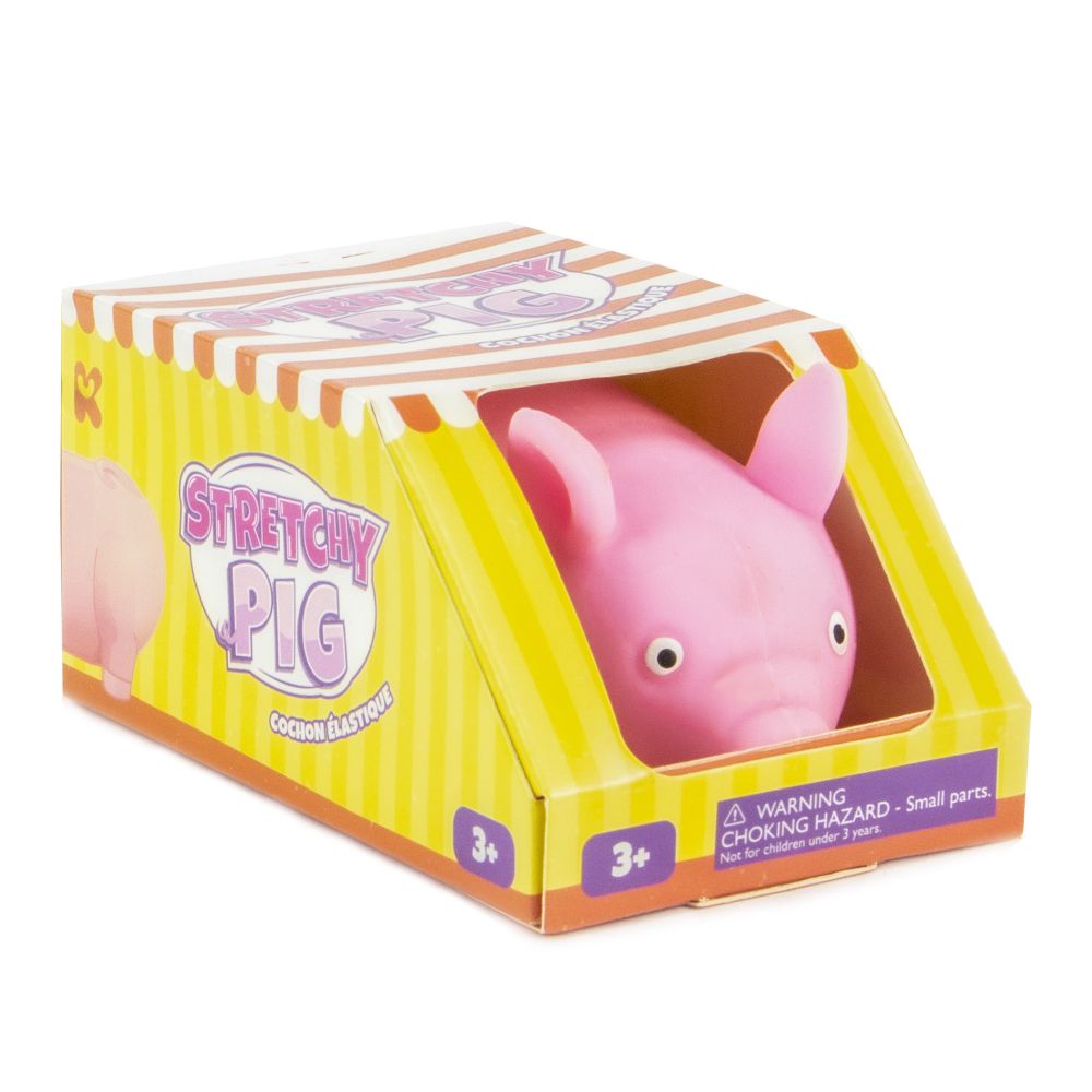 Pink stretchy pig stress toy displayed in its yellow and orange Stretchy Pig branded gift box