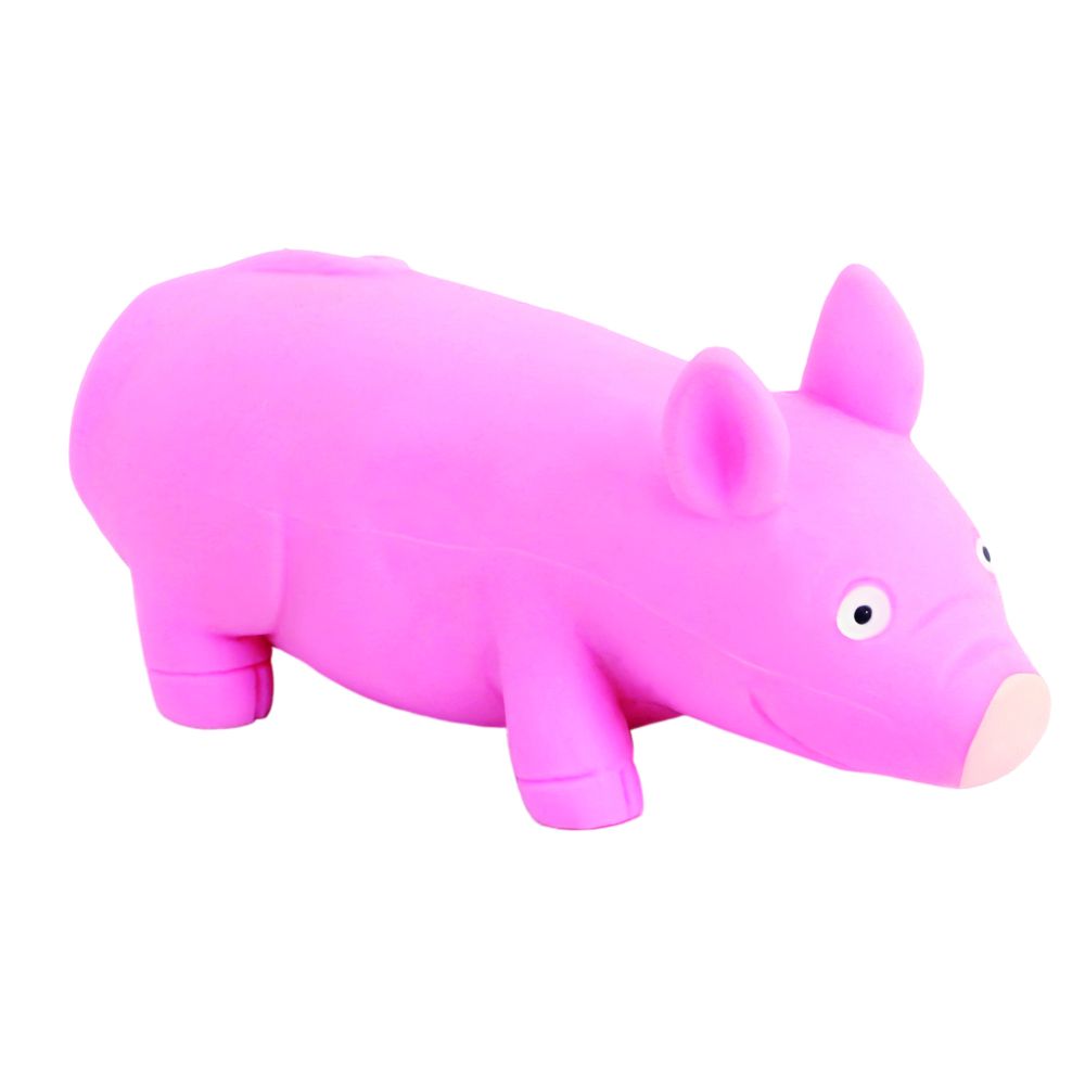 Side view of pink stretchy pig stress toy showing smooth rubber body and snout detail