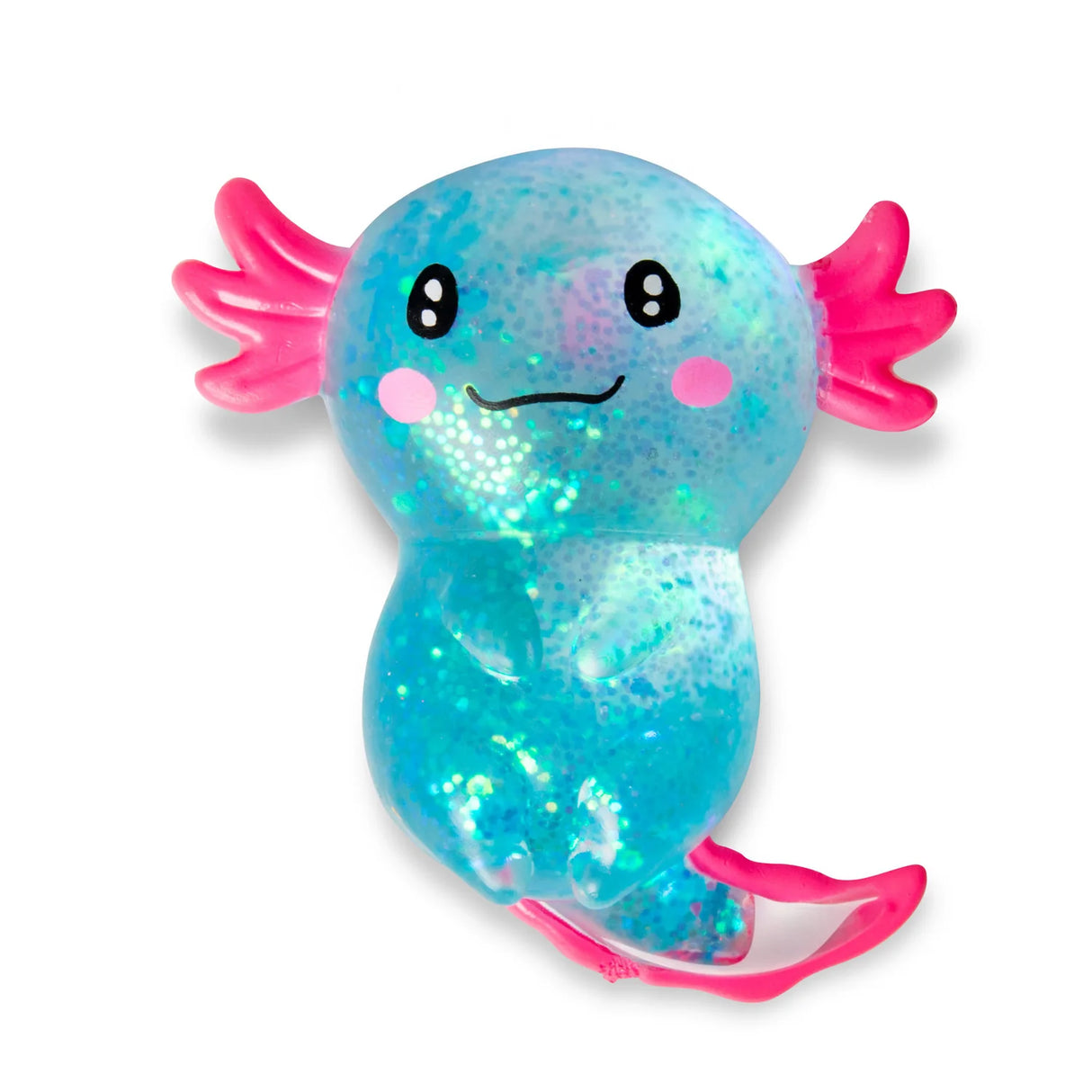Blue glitter gel Sugar Axolotl squishy upright showing kawaii face and pink gill details