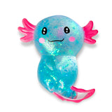 Blue glitter gel Sugar Axolotl squishy upright showing kawaii face and pink gill details