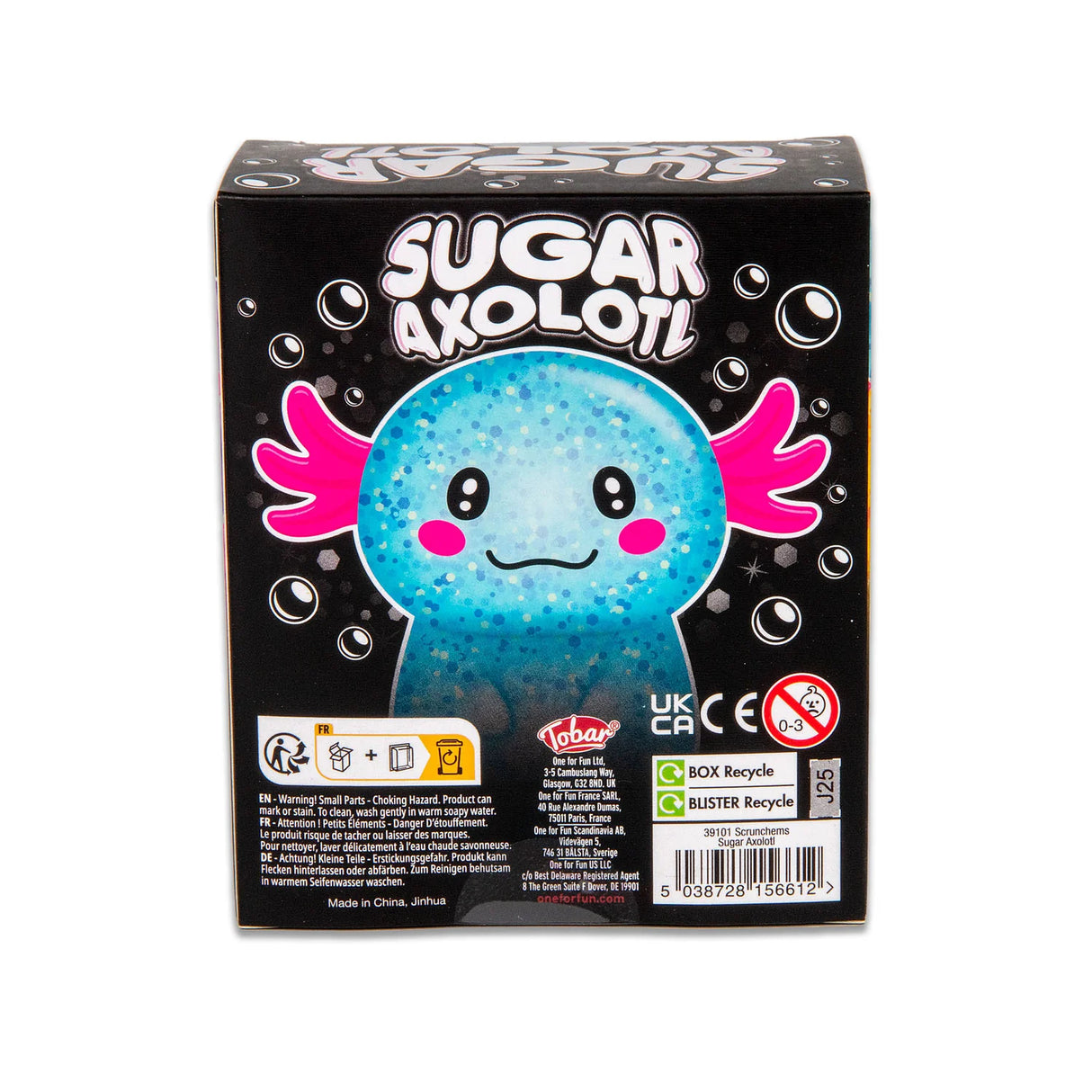 Back of Scrunchems Sugar Axolotl retail box showing product name and safety information