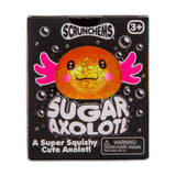 Front of Scrunchems Sugar Axolotl retail box showing orange glitter axolotl through window