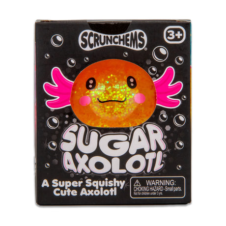 Front of Scrunchems Sugar Axolotl retail box showing orange glitter axolotl through window